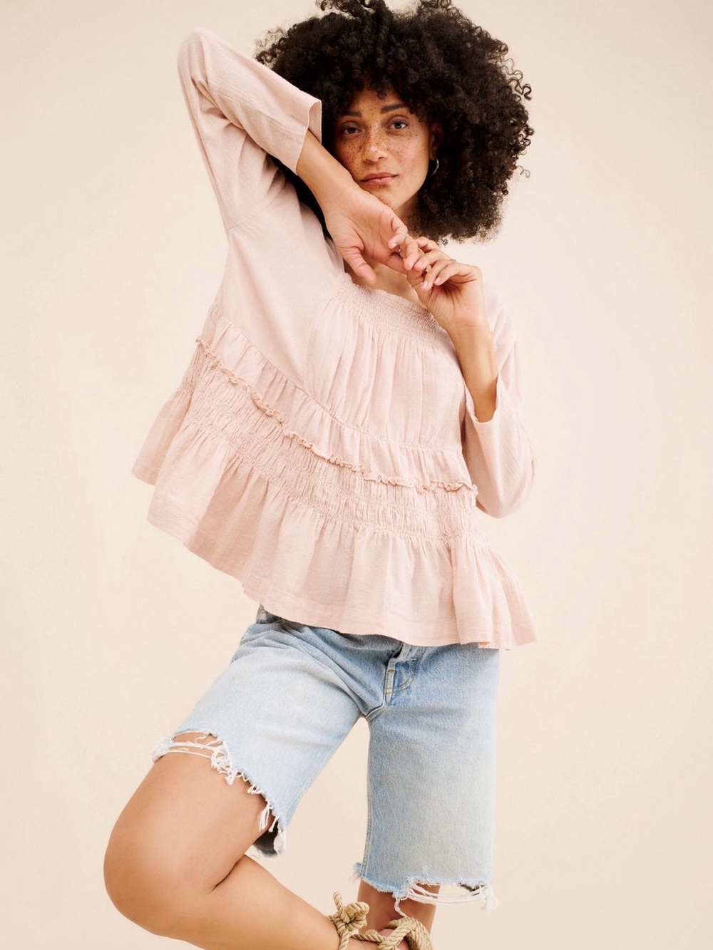 Free People Nyla Billowy Top Pink Smocked Ruffle Blouse Small-Oversized